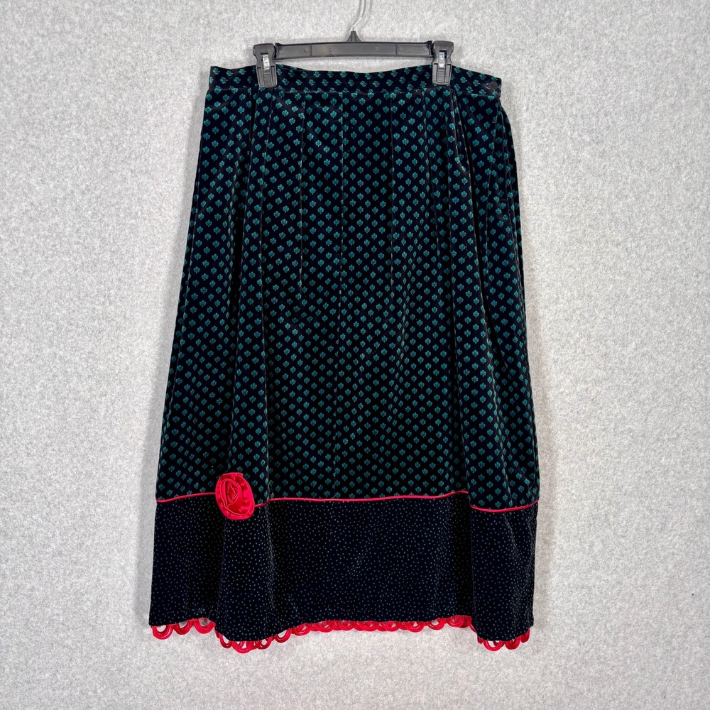 Vintage‎ Pleated Velvet Midi Size 14 Emerald Rosette Scalloped Feminine Romantic